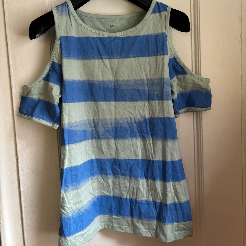 NWOT Tea Collection Girls Striped Cold Shoulder Top in Blue and Green Size 16